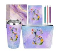 Personalized Gifts for Women Monogrammed Birthday Gifts for Women, Wife Girlfriend Christmas, Initial 20 oz Tumbler, Makeup Cosmetic Bag Cup Pens Journal Notebook 6 Set, (Aesthetic Purple Flower S)