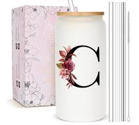 Personalized Gifts for Women, Monogrammed Frosted Glass Tumbler with Straw and Lid, Cute Customized Mug, Custom Initial Iced Coffee Glasses, Customizable Drinking Cup, Birthday Teacher Woman, C