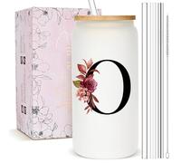 Personalized Gifts for Women, Monogrammed Frosted Glass Tumbler with Straw and Lid, Cute Customized Mug, Custom Initial Iced Coffee Glasses, Customizable Drinking Cup, Birthday Teacher Woman, O