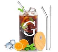 Personalized Gifts-for Women,Stylish A-Z Initial with Name, Gift for Birthday, Valentine's Day,Christmas,Teacher's Day for Mom Girlfriends Teachers,Coffee Smoothie Beer Glass with Lid Straw (G)