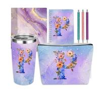Personalized Gifts Monogrammed Birthday Gifts for Women, Mommy, Female Going Away Christmas, Initial 20 oz Tumbler, Makeup Cosmetic Bag Cup Pens Journal Notebook 6 Set, (Aesthetic Purple Flower P)