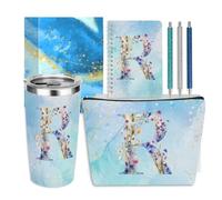 Personalized Gifts Monogrammed Birthday Gifts for Women, New Mom, Grandma Thank You Christmas, Initial 20 oz Tumbler, Makeup Cosmetic Bag Cup Pens Journal Notebook 6 Set, (Aesthetic Blue Flower R)
