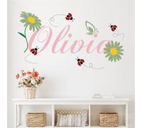 Personalized Girl Name Wall Decal - Daisy Flower & Ladybug Nursery Stickers, Removable Peel and Stick Wall Art for Baby Girl Room Decor.