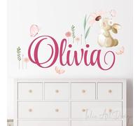 Personalized Girl's Name with Cute Cartoon Bunny Wall Sticker,Rabbit Kiss Butterfly Wall Decals, Bunny Wall Decor for Kids Nursery