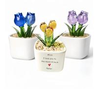 Personalized Glass Tulip Flower with Custom Message, Hand Blown Glass Tulip in Ceramic Pot, Mother’s Day Personalized Keepsake, Decorative Glass Flower for Mom, Grandma, Wife (YELLOW TRANSPARENT)