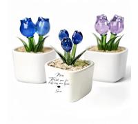 Personalized Glass Tulip Flower with Custom Message, Hand Blown Glass Tulip in Ceramic Pot, Mother’s Day Personalized Keepsake, Decorative Glass Flower for Mom, Grandma, Wife (BLUE TRANSPARENT)