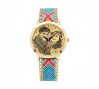 Personalized Gold Watch for Women, Custom DIY Line Art Sketch Photo Dial, Engraved Back Case, 38mm Wooden Wristwatch with Colorful Woven Fabric Strap, Best Anniversary Birthday Gifts for Wife Girlfrie