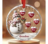 Personalized Grandma Snowman Ornament with Grandkids’ Names - Custom Glass Sun Catcher with Hanging Hearts and Snowy Scene, Holiday Keepsake Gift for Families of 3, 4, 5, 6 or More