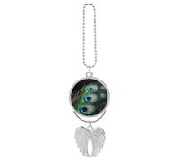 Personalized Green Peacock Feather Car Rearview Mirror Ornament Double Side Custom Photo Picture Car Hanging Pendant Accessories Alloy Angel Wings Vehicle Decoration Silver