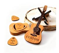 Personalized Guitar Pick Case with 3 Custom Wooden Guitar Picks, Custom Engraving - The Gift for Guitar Enthusiasts, Bands & Musicians (Acoustic Guitar Design 2)