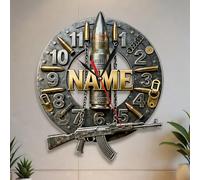 Personalized Gun Bullet Wall Clock, Custom Name Gun Bullet Wall Clock, Gun Bullet Acrylic 2D Wall Art Decoration for Bedroom Living Room Studio, Christmas Anniversary Birthday Gifts for Men Soldier