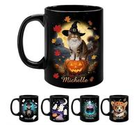 Personalized Halloween Black Cat Mug, Custom Name Coffee Cup Ceramic Mug, Spooky Halloween Mugs, Novelty Coffee Mugs, Black Cat Gifts for Pet Lovers