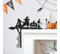 Personalized Halloween Door Topper Corner Decor, Witch on Broom Cat Pumpkin Metal Doors Frame Sign, Custom Name Spooky Halloween Door Decor, Hallway Porch Room Wall Ornaments Gift for Family Color03