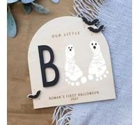Personalized Halloween Handprint or Footprint Sign,Baby's First Halloween DIY Footprint Art Card,Wooden Halloween Baby Sign Keepsake Ornaments for Baby Shower Newborn Photoshoot Prop (8"x8" x20cm)