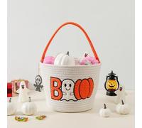 Personalized Halloween Trick or Treat Bucket for Kids, Halloween Boo Basket Tote Candy Bags With Tag, Customized Cotton Rope Woven Pumpkin Ghost Basket for Girl Boy Party Favor Supplies Home Decor