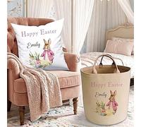 Personalized Happy Easter Bunny Toy Storage Basket for Girls - Custom Name Peter Rabbit Style felt Hamper - Floral Pink Nursery Decor Organiser - Easter Sunday Gift Bucket for Kids