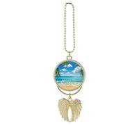 Personalized Hawaiian Beach Car Rearview Mirror Ornament Double Side Custom Photo Picture Car Hanging Pendant Accessories Alloy Angel Wings Vehicle Decoration Golden