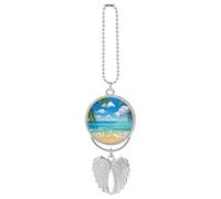 Personalized Hawaiian Beach Car Rearview Mirror Ornament Double Side Custom Photo Picture Car Hanging Pendant Accessories Alloy Angel Wings Vehicle Decoration Silver