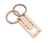 Personalized Heart Anniversary Keychain Customize Couple Keyring Set for Husband Wife (Rose Gold)