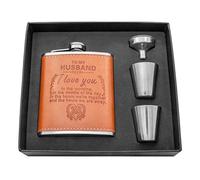Personalized Hip Flask Set- Engraved Custom Flasks, Husband Gift- Stainless Steel with Leather Flask Gifts for Men, Wedding Favor Customized Wedding, Boyfriend Man Hip Gift Set (Brown-for Husband)