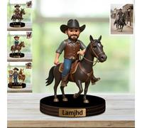 Personalized Horseback Riding Photo Cartoon Sculpture Ornament with Name Custom Horse Cartoon Figurine Desktop Ornament for Bedroom Office Horseback Riding Theme Acrylic Desk Decor for Men Women