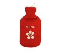 Personalized Hot Water Bottle 100% Merino Wool Knitted Rubber Hotty (Red-White with Flower)
