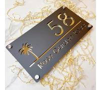 Personalized house number sign Custom Modern design Acrylic Palms Tree Seaside House Number Sign Plate Outside Address Name Door Wall Room Plaque (Black Gold)