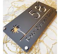 Personalized house number sign Custom Modern design Acrylic Palms Tree Seaside House Number Sign Plate Outside Address Name Door Wall Room Plaque (Black Silver)