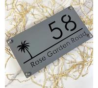 Personalized house number sign Custom Modern design Acrylic Palms Tree Seaside House Number Sign Plate Outside Address Name Door Wall Room Plaque (Gray Black)
