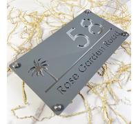 Personalized house number sign Custom Modern design Acrylic Palms Tree Seaside House Number Sign Plate Outside Address Name Door Wall Room Plaque (Gray Silver)