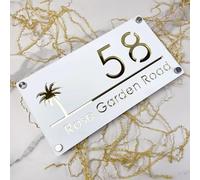Personalized house number sign Custom Modern design Acrylic Palms Tree Seaside House Number Sign Plate Outside Address Name Door Wall Room Plaque (White Gold)