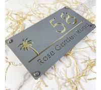 Personalized house number sign Custom Modern design Acrylic Palms Tree Seaside House Number Sign Plate Outside Address Name Door Wall Room Plaque (Gray Gold)