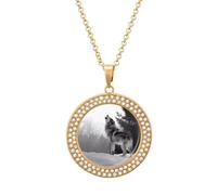 Personalized Howler Wolf Necklace Personalized Picture 20 Inch Circle Chain Necklace Dog Tag Pendant Round Necklaces with Photos Memorial Day Jewelry, One Size, Titanium Steel, Rhinestone