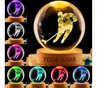 Personalized Ice Hockey Crystal Night Light Gift for Men Women, Custom Name/Number Hockey Player 3D Crystal Ball Night Light Lamp for Bedroom Sports Decor Party Bar Christmas Birthday Gift