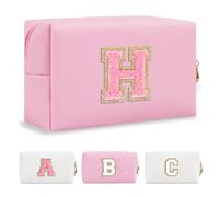 Personalized Initial A-Z Preppy Patch Makeup Bag,Small PU Leather Chenille Letter Cosmetic Bag with Zipper for Teen Girls,Pink Cute Travel Toiletry Bag,Birthday Monogrammed Gift for Daughter,Letter H