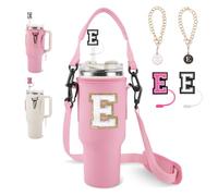Personalized Initial A-Z Water Bottle Holder Bag for Stanley 40oz Tumbler, Initial Water Bottle Carrier Bag with Strap, 2 Straw Cover Cap &2 Letter Chains for Stanley Cup Accessories(Pink-White E)