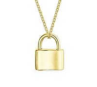 Personalized Initial Alphabet A-Z Monogram Plain Simple Couples Sentimental Functional Lock Pendant Charm Lovers Padlock Necklace For Women Teens Gold Plated .925 Sterling Silver Chain 16 Inch