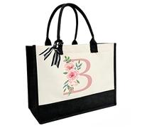 Personalized Initial Canvas Beach Bag, Canvas Tote Bag with Inner Zipper Pocket, Double Shoulder Straps Monogrammed Jute Bag for Daily Work Travel - Pink Letter B