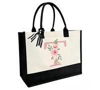 Personalized Initial Canvas Beach Bag, Canvas Tote Bag with Inner Zipper Pocket, Double Shoulder Straps Monogrammed Jute Bag for Daily Work Travel - Pink Letter T