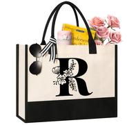 Personalized Initial Canvas Tote Bag, Cosmetic Bags, Suitable for Birthday, Wedding, Beach, Holiday, Great Birthday Gifts for Women, Mom, Teachers, Nurses, Best Friends, Bridesmaids (R)