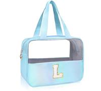 Junesters Initial Clear Makeup Bag Large Travel Toiletry Bag Make Up Bag Chenille Patch A-Z Nylon Cosmetic Organizer Bags Travel Essentials Pink Gifts for Women Teen Girlfriend Brithday Gifts（Blue L）,