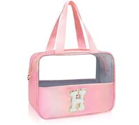 Personalized Initial Clear Makeup Bag Pink Cosmetic Bag Set Large Travel Toiletry Bag, Cute Clear Make Up Bags Organizer Bag for Girlfriend Teacher Gifts Teen Girl Gifts Trendy Stuff A, Pink, H