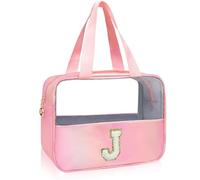 Personalized Initial Clear Makeup Bag Pink Cosmetic Bag Set Large Travel Toiletry Bag, Cute Clear Make Up Bags Organizer Bag for Girlfriend Teacher Gifts Teen Girl Gifts Trendy Stuff A, Pink, J