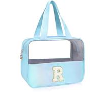Personalized Initial Clear Makeup Bag Pink Cosmetic Bag Set Large Travel Toiletry Bag, Cute Clear Make Up Bags Organizer Bag for Girlfriend Teacher Gifts Teen Girl Gifts Trendy Stuff A, Blue, R