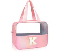 Junesters Initial Clear Makeup Bag Large Travel Toiletry Bag Make Up Bag Chenille Patch A-Z Nylon Cosmetic Organizer Bags Travel Essentials Pink Gifts for Women Teen Girlfriend Brithday Gifts（Pink K,