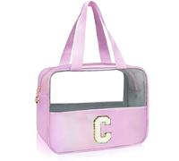Personalized Initial Clear Makeup Bag Pink Cosmetic Bag Set Large Travel Toiletry Bag, Cute Clear Make Up Bags Organizer Bag for Girlfriend Teacher Gifts Teen Girl Gifts Trendy Stuff A, Purple, C