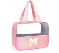 Initial Clear Makeup Bag Large Travel Toiletry Bag Make Up Bag Chenille Patch A-Z Nylon Cosmetic Organizer Bags Travel Essentials Pink Gifts for Women Teen Girlfriend Brithday Gifts (Pink M), Pink,