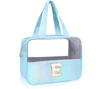 Junesters Initials Clear Makeup Snack Bag, Large Make up Bags for Women Girls, Cute Chenille Patch A-Z Nylon Cosmetic Bag with Zipper, Travel Make Up Organizer Toiletry Bag(Blue E), Blue, E