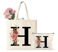 Personalized Initial Cotton Tote Bag, Canvas Reusable Shopping Bags with Makeup Bags, Gifts for Women, Mom, Teachers, Nurses, Best Friends, Bridesmaids, Monogrammed Gifts for Wedding, Birthday(H)
