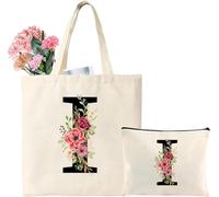 Personalized Initial Cotton Tote Bag, Canvas Reusable Shopping Bags with Makeup Bags, Gifts for Women, Mom, Teachers, Nurses, Best Friends, Bridesmaids, Monogrammed Gifts for Wedding, Birthday(I)